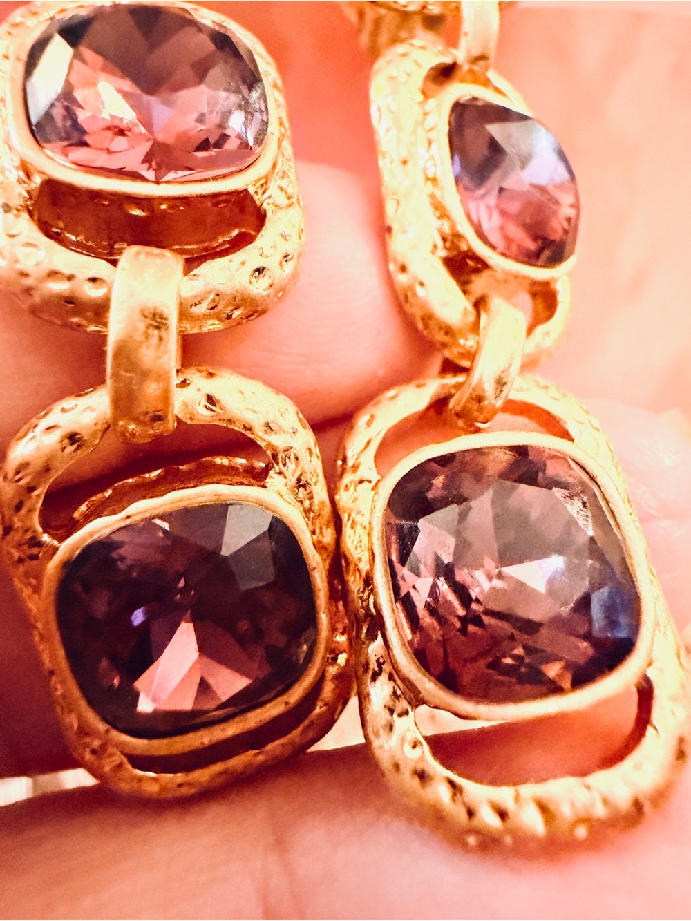 OSCAR DE LA RENTA Amethyst Crystal Earrings✨Gold Triple Drop Rectangles ✨CLIP ON - Picture 7 of 14